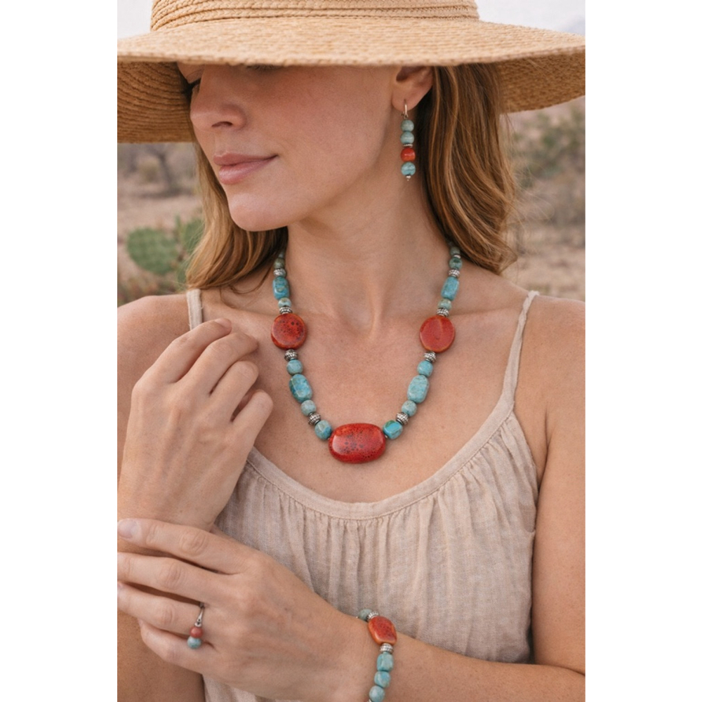 Southwestern Turquoise & Coral Style Beaded Jewelry Set Necklace Bracelet Earrin